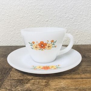 Vintage Fire King Milk Glass Mug Saucer Set Orange & Yellow  Flowers retro